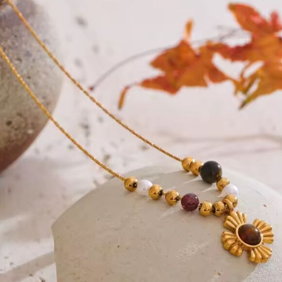 New 18k Gold SS Multicolor Beaded Necklace with  Pendant - Picture 5 of 8